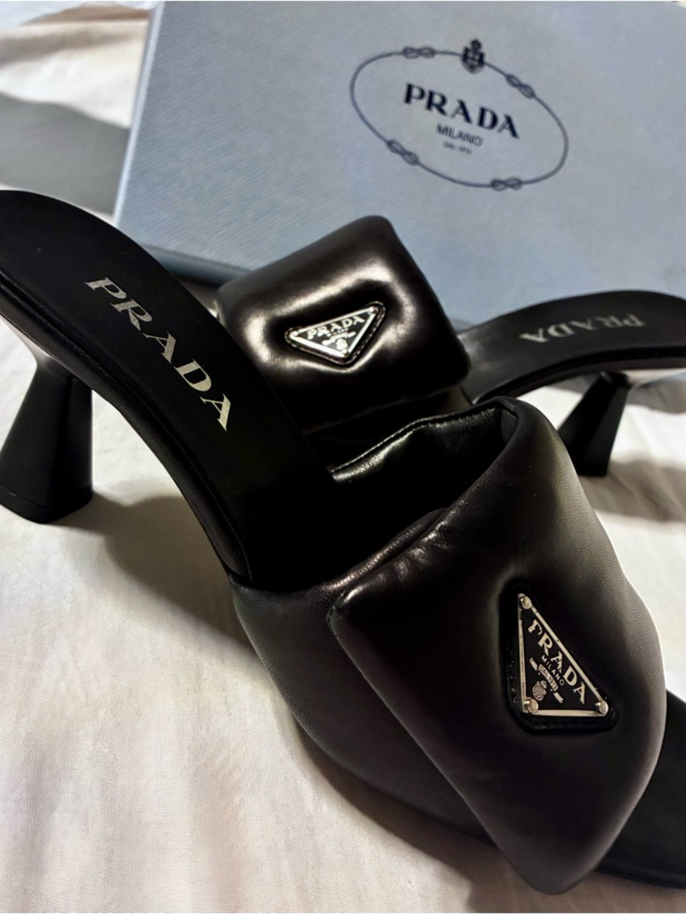 PRADA Padded Leather Logo Mule Heels Black Square Toe Women's EU 39 Slip On